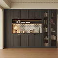 Modern Dark Gray Sideboard With Open Shelves Table Lamp And Decorative Books
