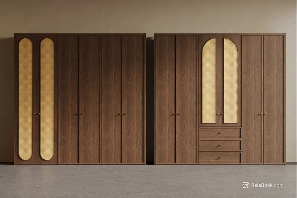 Wooden Wardrobe With Glass Doors Arched Design And Drawers For Bedroom 3d model 