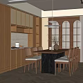 Warm Restaurant Interior With Wooden Cabinets Dining Table Chairs And Arched Windows