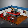 Retro Diner Interior Featuring Blue Border Red Counter Checkered Stools And Wall Posters