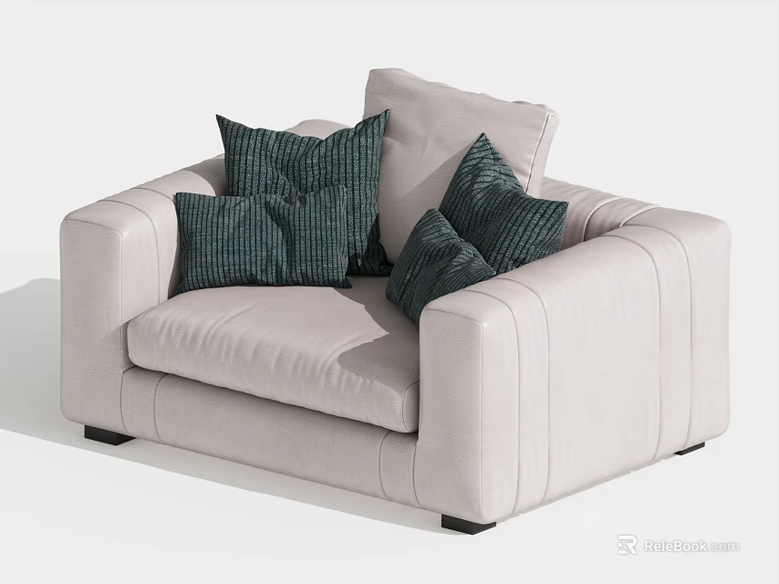 Beige Single Sofa With Deep Green Cushions And Stitched Design For Modern Interior 3d model