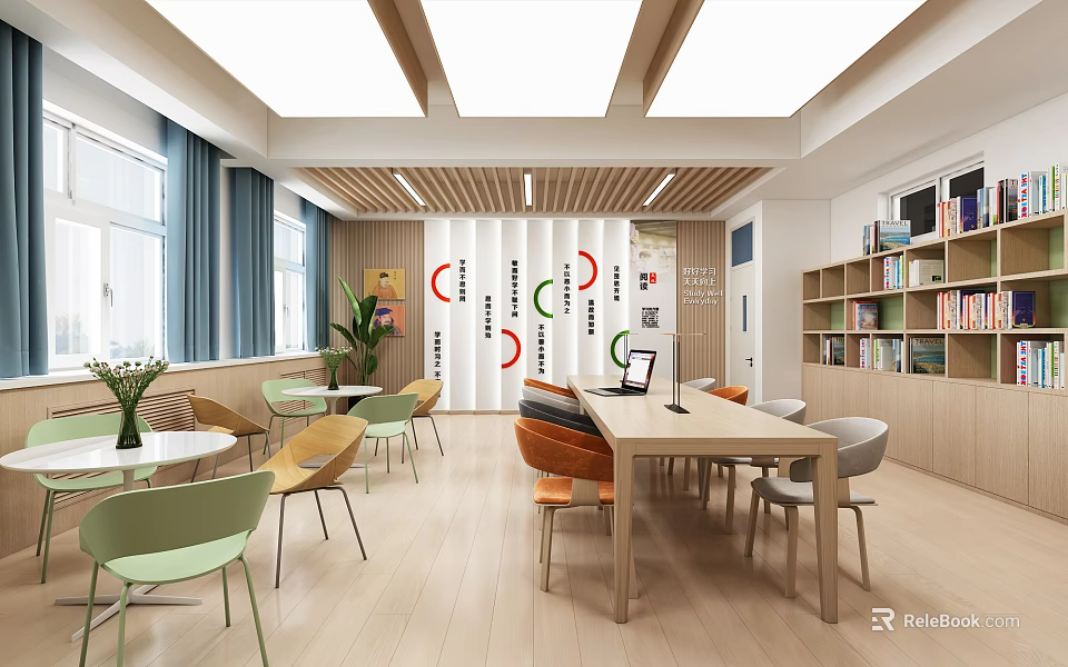 Modern Book Art Library Space With Colorful Wall Decor And Cozy Reading Furniture 3d model 