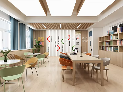 Modern Book Art Library Space With Colorful Wall Decor And Cozy Reading Furniture 3d model