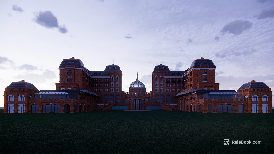 Ancient Architecture With Red Brick Exterior Central Dome Symmetrical Wings And Front Lawn 3d model 