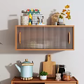 Wooden Wall Mounted Storage Cabinet With Rattan Doors And Decorative Jars Plants