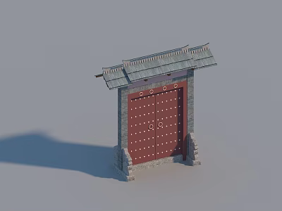 Traditional Chinese Red Gate with Stone Brick Frame and Tile Roof Featuring Brass Nails Decoration 3d model