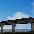 Purple high speed train moving on elevated bridge with blue sky white clouds water grass 3d model