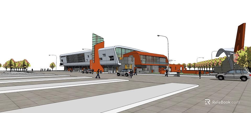 Modern Orange And Gray Public Building With Glass Facade And Square Area 3d model 