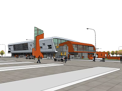 Modern Orange And Gray Public Building With Glass Facade And Square Area 3d model