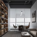 Modern Office Interior With Open Space High Ceiling Concrete Columns Large Windows Blinds And Furniture