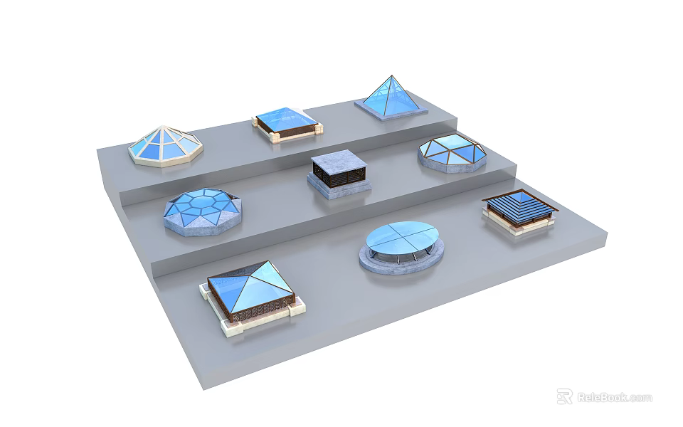 Various Shaped Building Components With Glass Domes Pyramids And Square Structures Displayed On Layered Platform 3d model