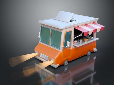 Orange Mobile Food Truck With White Roof Red And White Striped Awning And Headlights 3d model