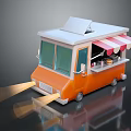 Orange Mobile Food Truck With White Roof Red And White Striped Awning And Headlights