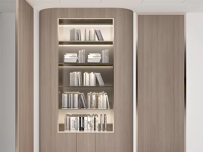 Modern Wooden Bookcase Interior Design With Layered Shelves Books And Built-in Lighting 3d model