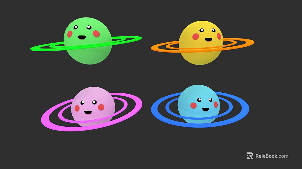 Colorful Cosmic Planets with Smiling Faces and Colorful Rings in Space 3d model 