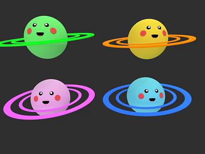 Colorful Cosmic Planets with Smiling Faces and Colorful Rings in Space 3d model