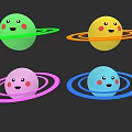 Colorful Cosmic Planets with Smiling Faces and Colorful Rings in Space