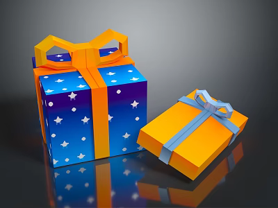 Decorative Blue Star Patterned Gift Box With Orange Bow And Orange Box With Blue Ribbon 3d model