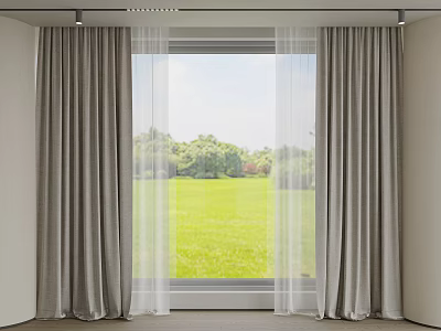 Gray Curtains and Sheer Panels for Room Window with Green Grass and Trees View 3d model