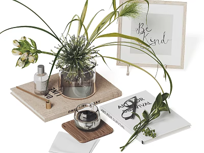 Elegant Decorative Ornament Set With Potted Plant Framed Quote Books And Scented Bottle 3d model