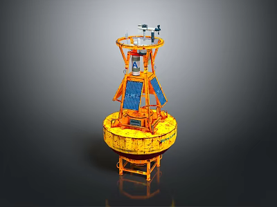 Yellow Orange Ocean Monitoring Buoy with Solar Panels and Antenna Structure 3d model