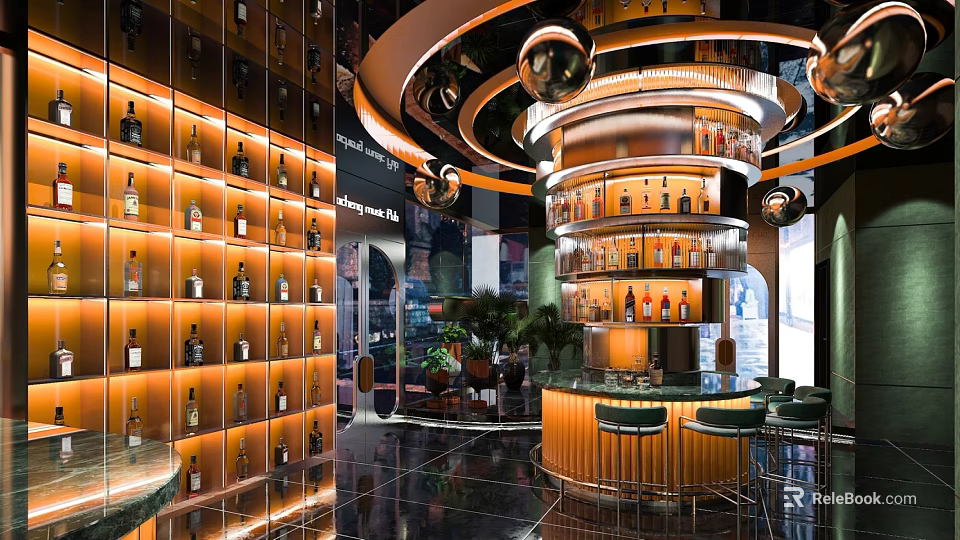 Modern Bar Interior Design With Wine Wall Circular Counter Lighting And Seats 3d model 