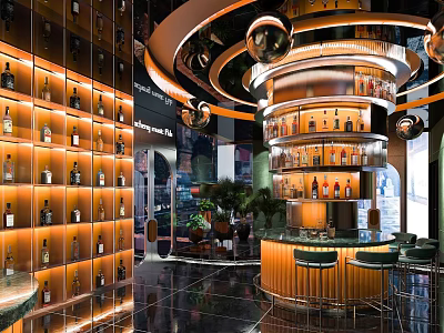 Modern Bar Interior Design With Wine Wall Circular Counter Lighting And Seats 3d model