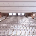 Spacious Conference Room With Large Screen Red Curtains Wooden Walls And Rows Of Seats