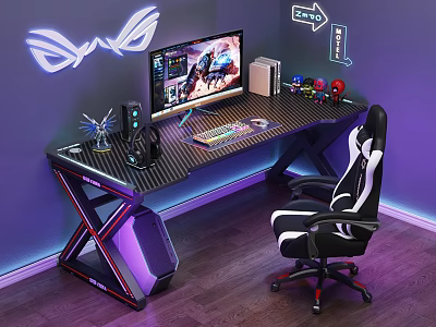 Gaming Desk with RGB Lights Carbon Fiber Surface X-Shaped Legs Ergonomic Chair and Purple Lighting 3d model