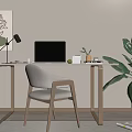 Modern Wooden Desk With Laptop Table Lamp Comfortable Chair Large Plant And Wall Art