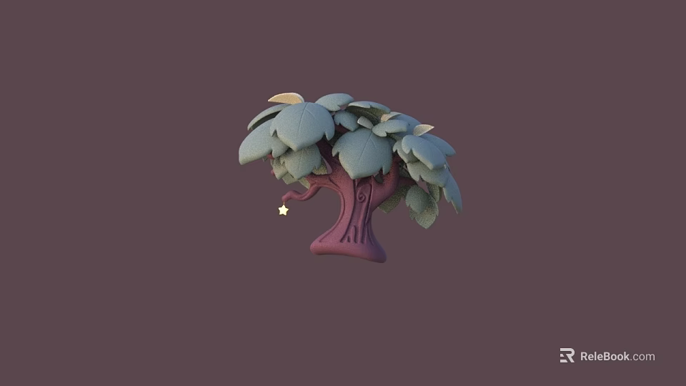 Cartoon Tree with Purple Textured Trunk Green Leaves and Small Star 3d model 