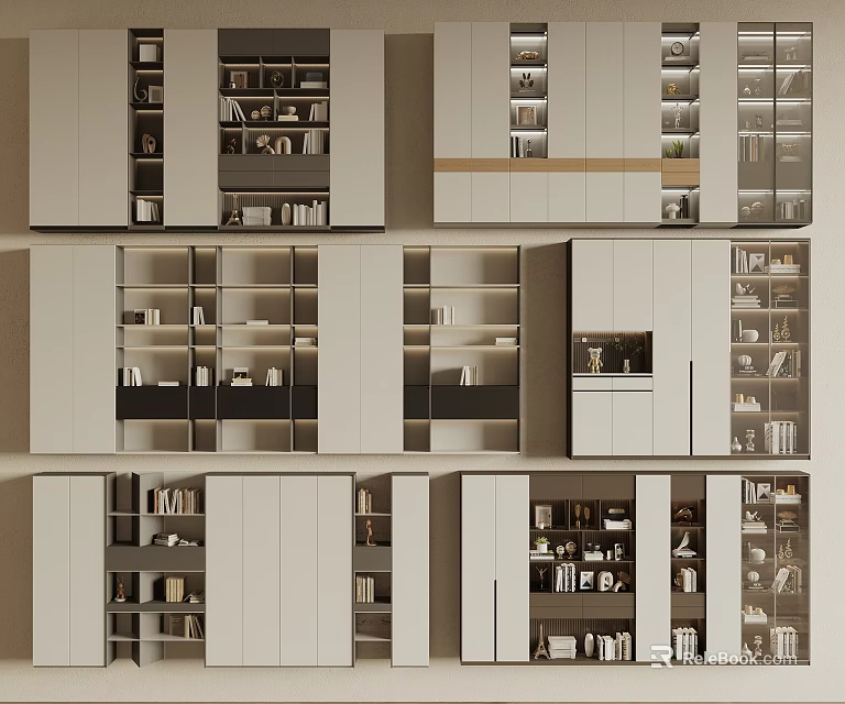 Modern Bookcase Design With Open And Closed Compartments For Books And Decorative Items 3d model 