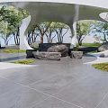 Modern Pergola Structure With Trees Rocks Gray Tiled Floor And Green Grass Area