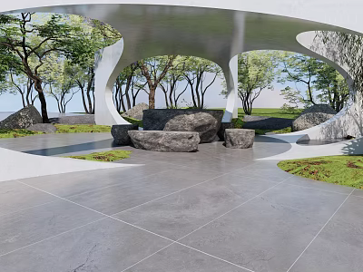 Modern Pergola Structure With Trees Rocks Gray Tiled Floor And Green Grass Area 3d model