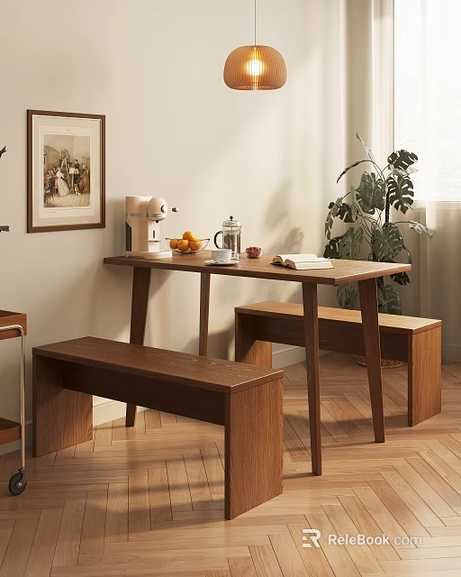 Modern Wooden Dining Table Set with Benches Coffee Machine Fruits Potted Plant and Framed Art 3d model 