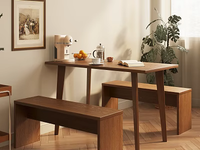 Modern Wooden Dining Table Set with Benches Coffee Machine Fruits Potted Plant and Framed Art 3d model