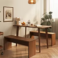 Modern Wooden Dining Table Set with Benches Coffee Machine Fruits Potted Plant and Framed Art