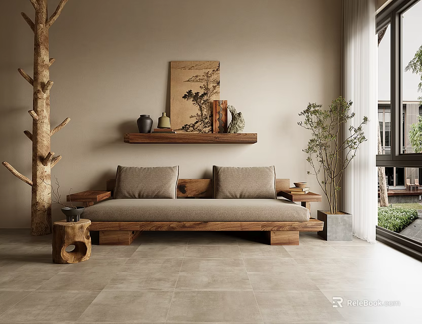 Rustic Wooden Sofa And Coffee Table Set With Cushions And Decorative Shelf 3d model 