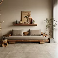 Rustic Wooden Sofa And Coffee Table Set With Cushions And Decorative Shelf