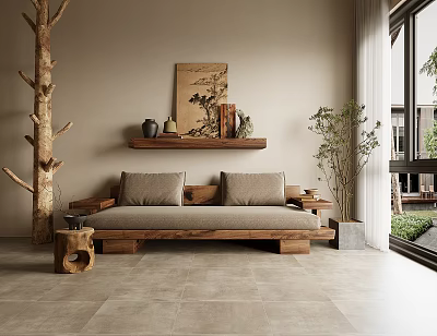 Rustic Wooden Sofa And Coffee Table Set With Cushions And Decorative Shelf 3d model