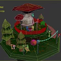 Mushroom Shaped Scene Structure Featuring Red Cap Green Trees Pumpkins Small Mushrooms And Slide