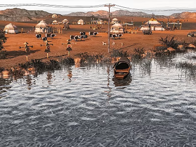 Distant Yurts By Lakeside With Small Boat And People Near Water 3d model