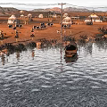 Distant Yurts By Lakeside With Small Boat And People Near Water