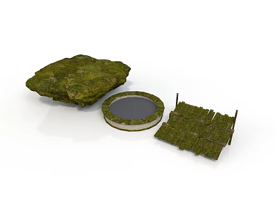 Landscape Scene Components Including Grass Covered Rock Circular Pond And Wooden Fence Structure 3d model