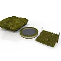 Landscape Scene Components Including Grass Covered Rock Circular Pond And Wooden Fence Structure