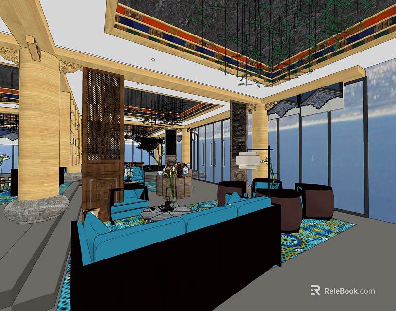 Elegant Hotel Public Lounge Interior With Blue Sofa Large Windows And Decorative Ceiling 3d model