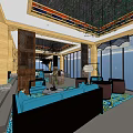 Elegant Hotel Public Lounge Interior With Blue Sofa Large Windows And Decorative Ceiling 3d model