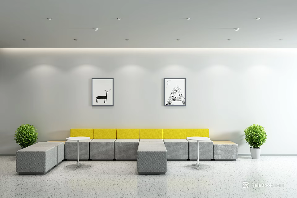 Modern Front Desk Reception Area With White Walls Artworks Yellow Gray Sofas And Plants 3d model 