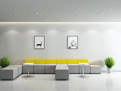 Modern Front Desk Reception Area With White Walls Artworks Yellow Gray Sofas And Plants 3d model