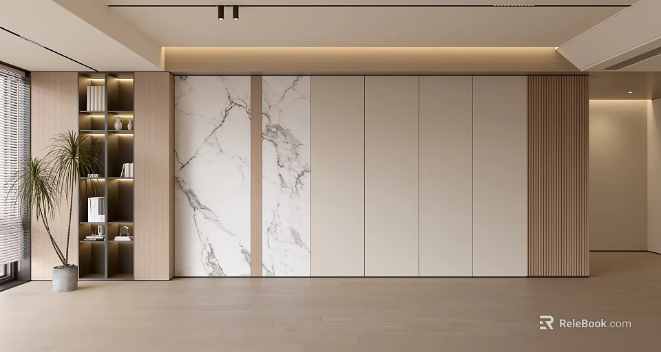 Modern Accent Wall Design With Marble Texture And Wooden Decor Elements 3d model